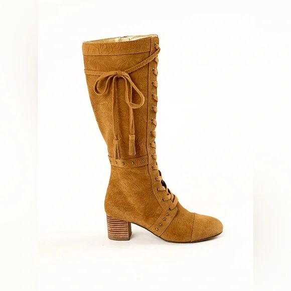 JOYFOLIE MARITA TALL BOOT IN PECAN Tan Lace-Up Knee-High Boots Floral Sude - Picture 11 of 11